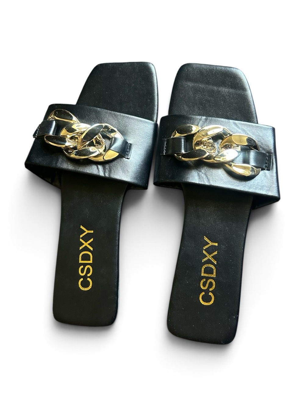 CSDXY Black Leather Slide Sandals with Gold Chain Accent